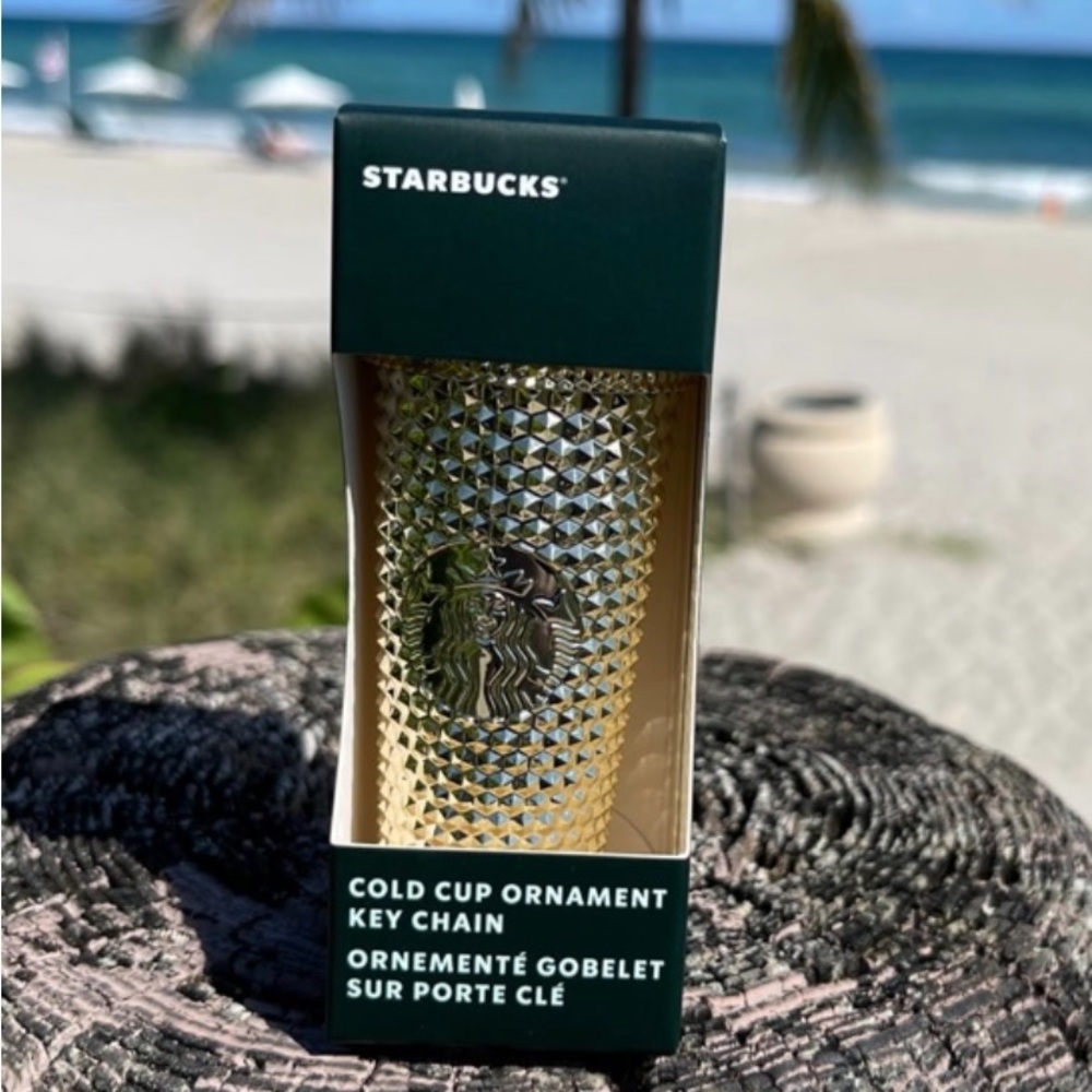 Starbucks Gold Chrome Studded Keychain FOB Bling Ornament Cup Holiday Metallic